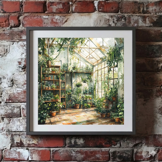 A Plantish print of a greenhouse being hit by morning sunlight and showing many green plants around the room, hanging on a red brick wall.