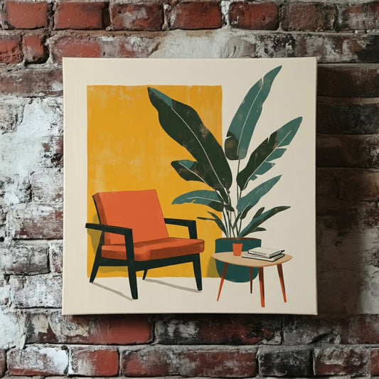 A minimalist canvas of a green houseplant next to a retro orange chair and table with a yellow square behind, mounted on a red brick wall