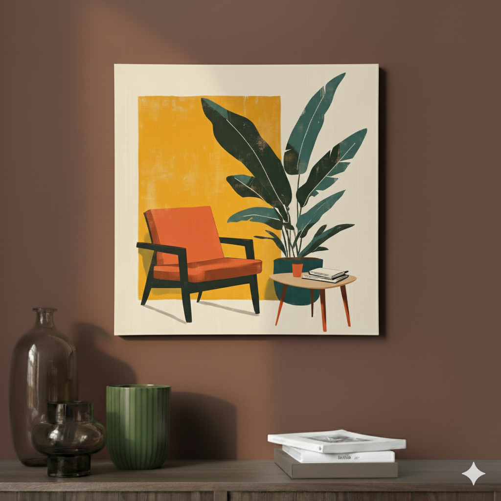 A minimalist canvas of a green houseplant next to a retro orange chair and table with a yellow square behind, in a contemporary mauve room