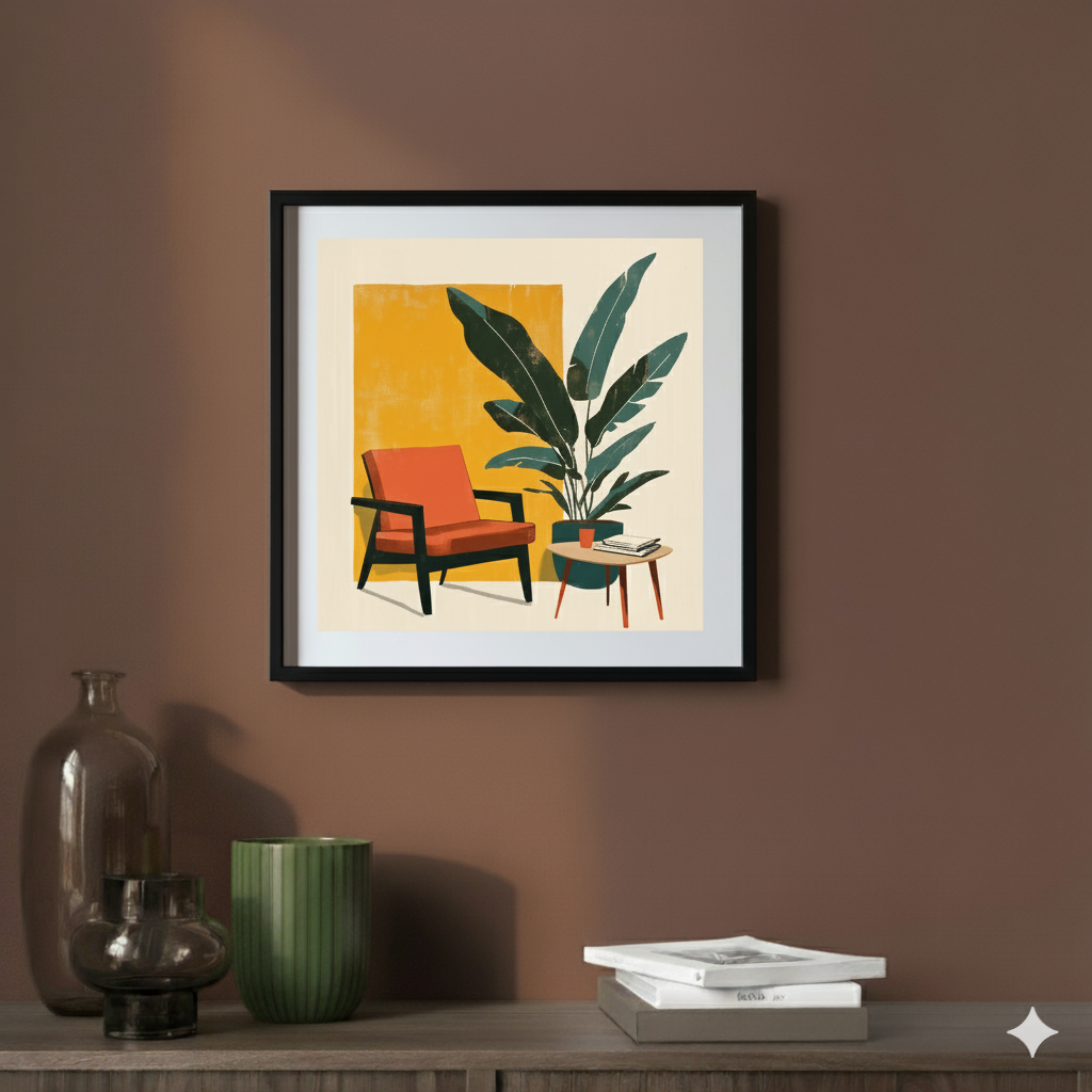 A minimalist print of a green houseplant next to a retro orange chair and table with a yellow square behind, in a contemporary mauve room