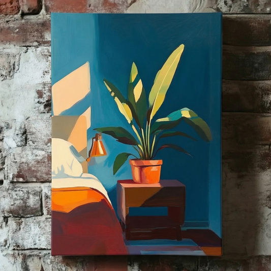 A Plantish canvas of a dreamy midcentury scene of a large leafy green plant on a sunlit bedside table, hanging on a distressed brick wall. 
