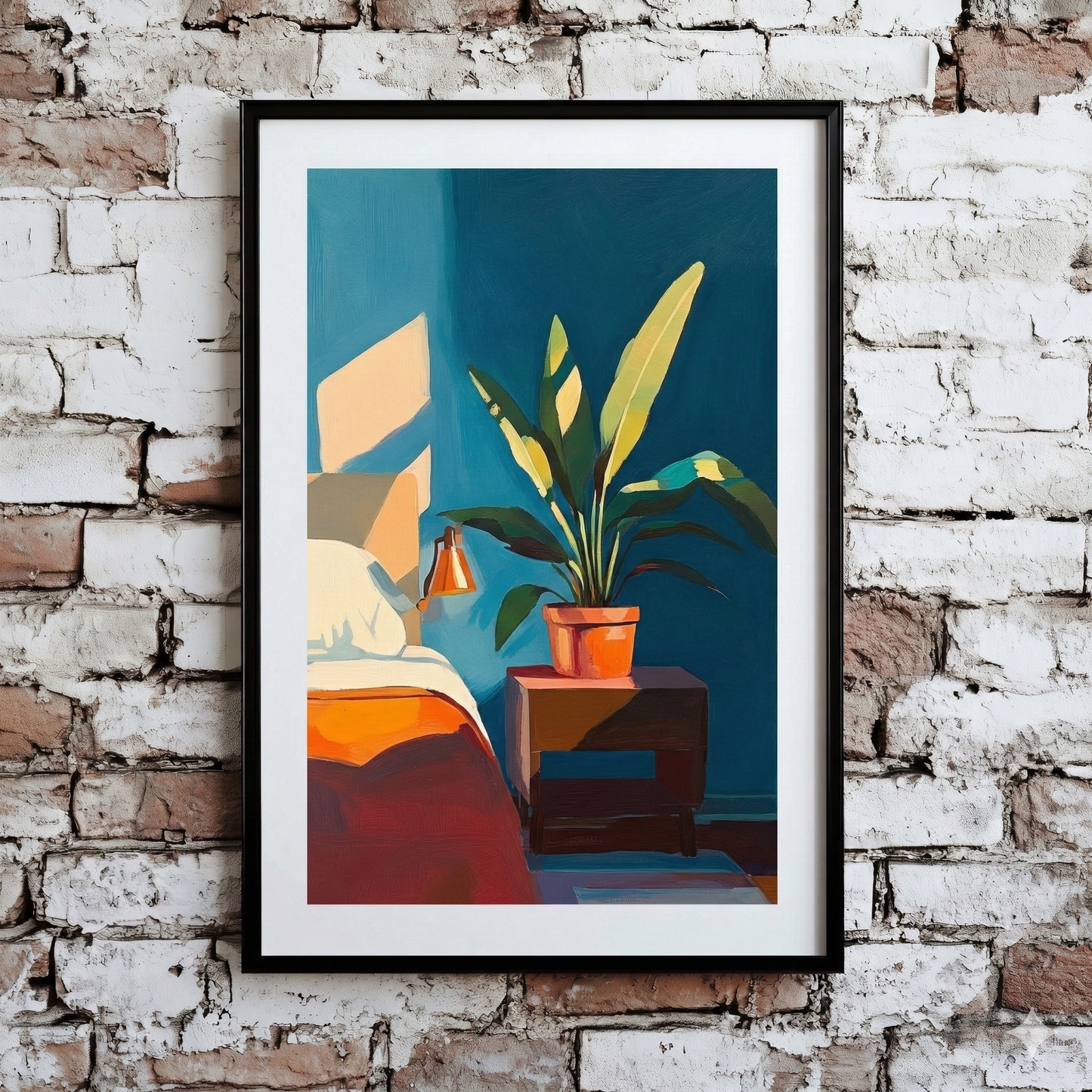 A Plantish print of a dreamy midcentury scene of a large leafy green plant on a sunlit bedside table, hanging on a distressed brick wall. 