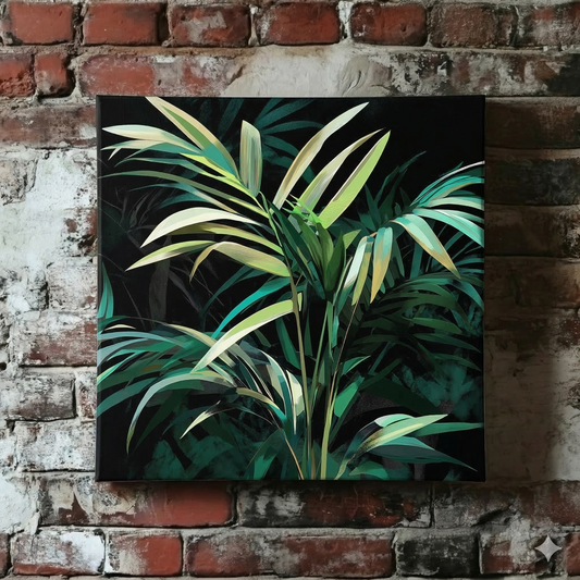 A contrasting Plantish canvas of bright green palm leaves against a deep black background, with more leaves deeper in the art, hanging on a red brick wall. 