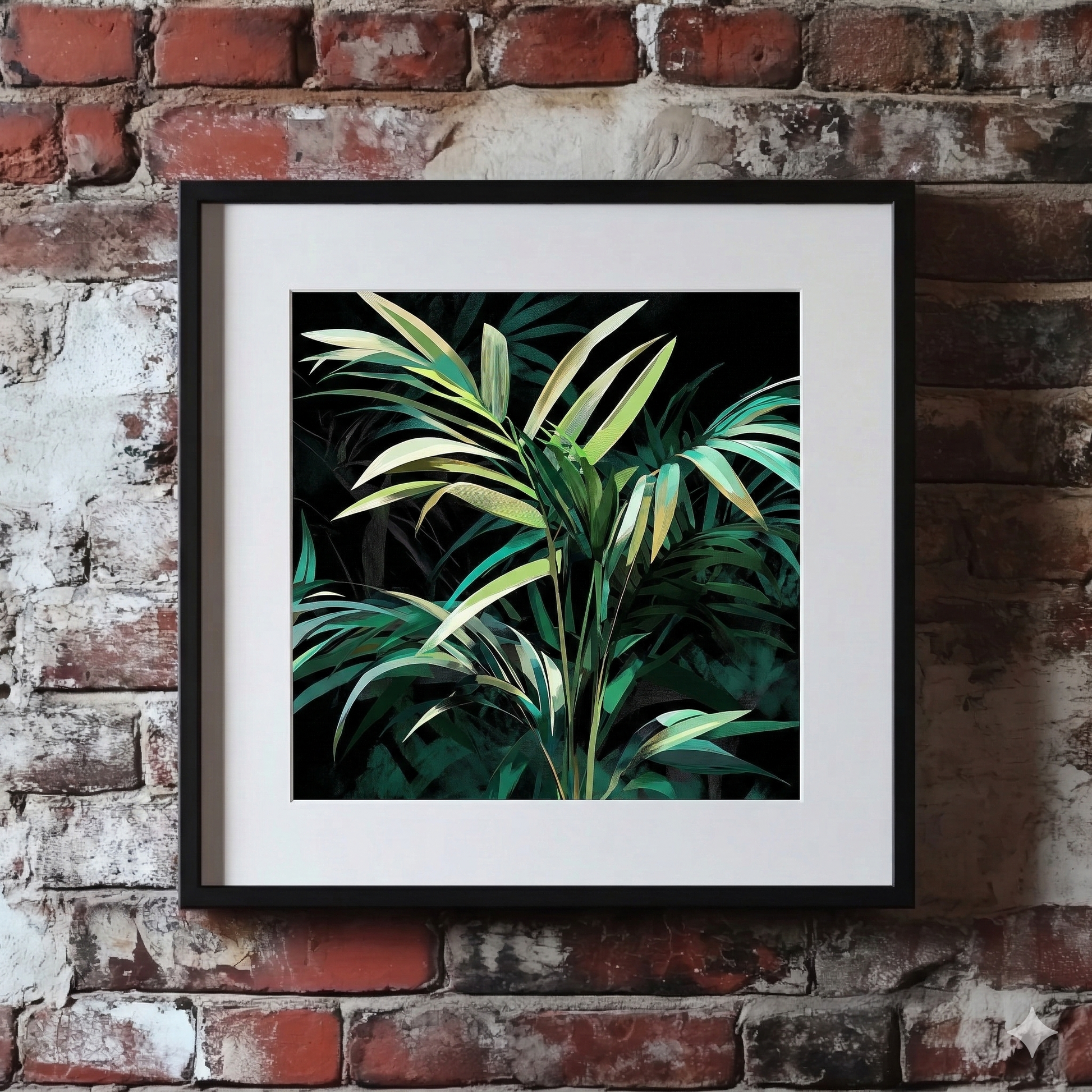 A contrasting Plantish print of bright green palm leaves against a deep black background, with more leaves deeper in the art, hanging on a red brick wall. 