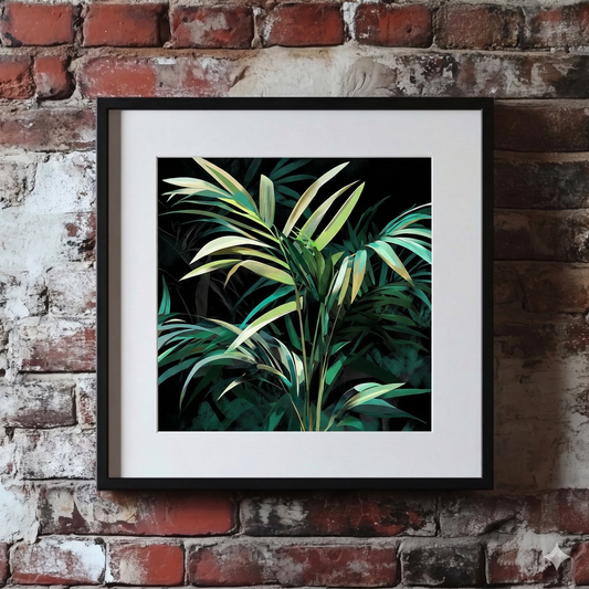 A contrasting Plantish print of bright green palm leaves against a deep black background, with more leaves deeper in the art, hanging on a red brick wall. 