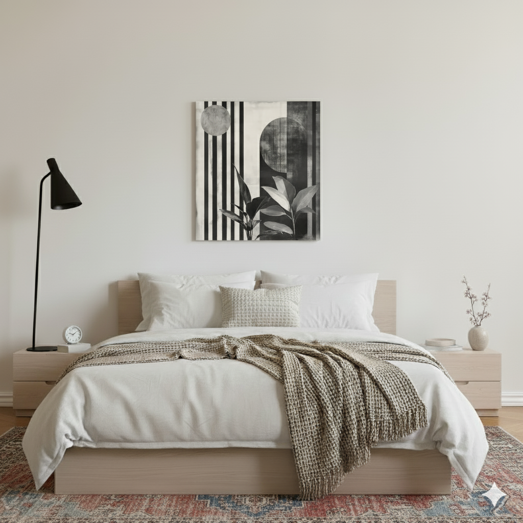 A black and white moody canvas of tropical plants and geometric lines and circles in a minimalist Bauhaus style, in a bright bedroom with distressed rug