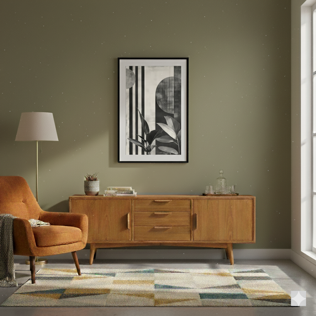 A black and white moody print of tropical plants and geometric lines and circles in a minimalist Bauhaus style, in a cosy midcentury room