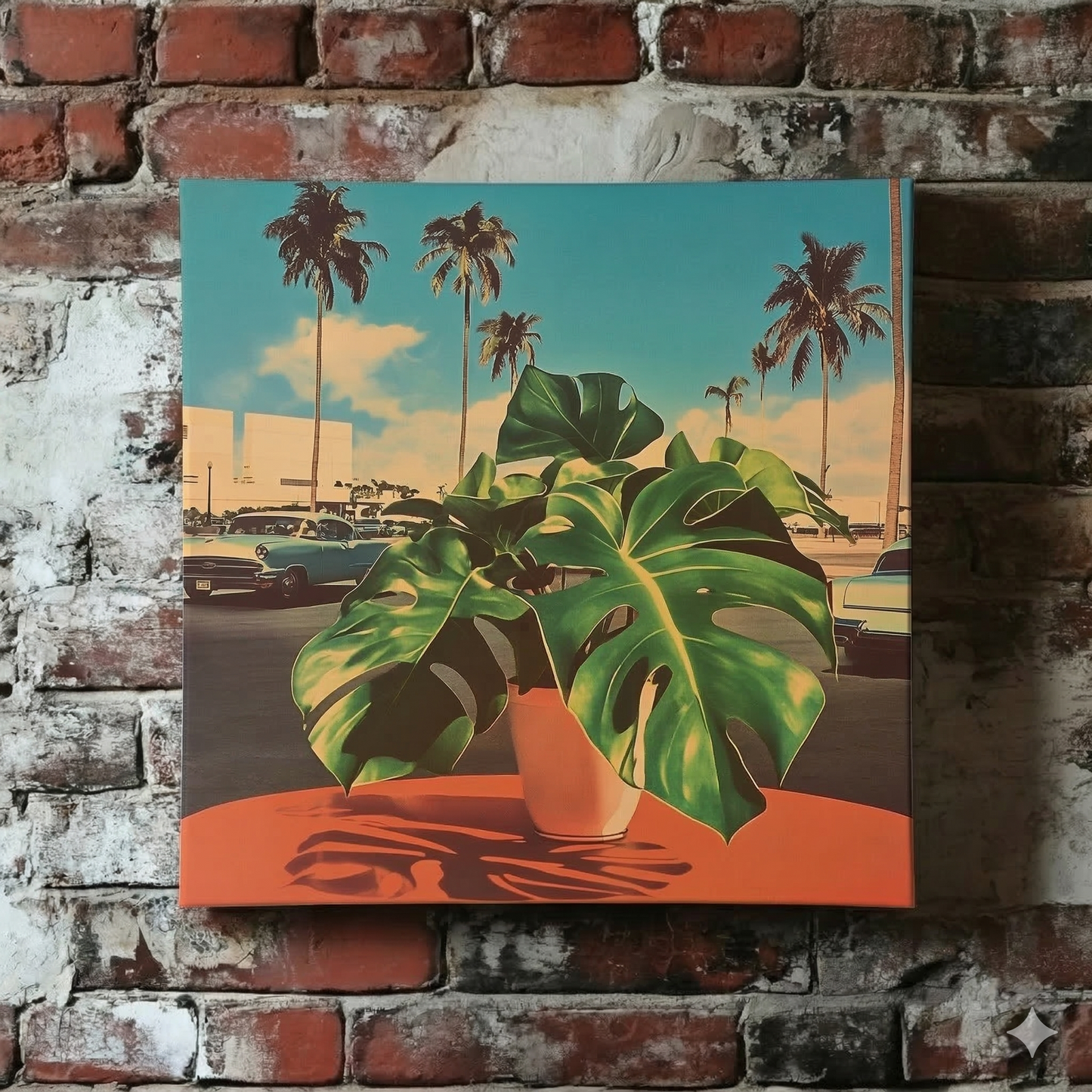 A Plantish canvas of a potted monstera on a table in front of a vintage American car park with old cars, palm trees and shops visible, hanging on a red brick wall. 