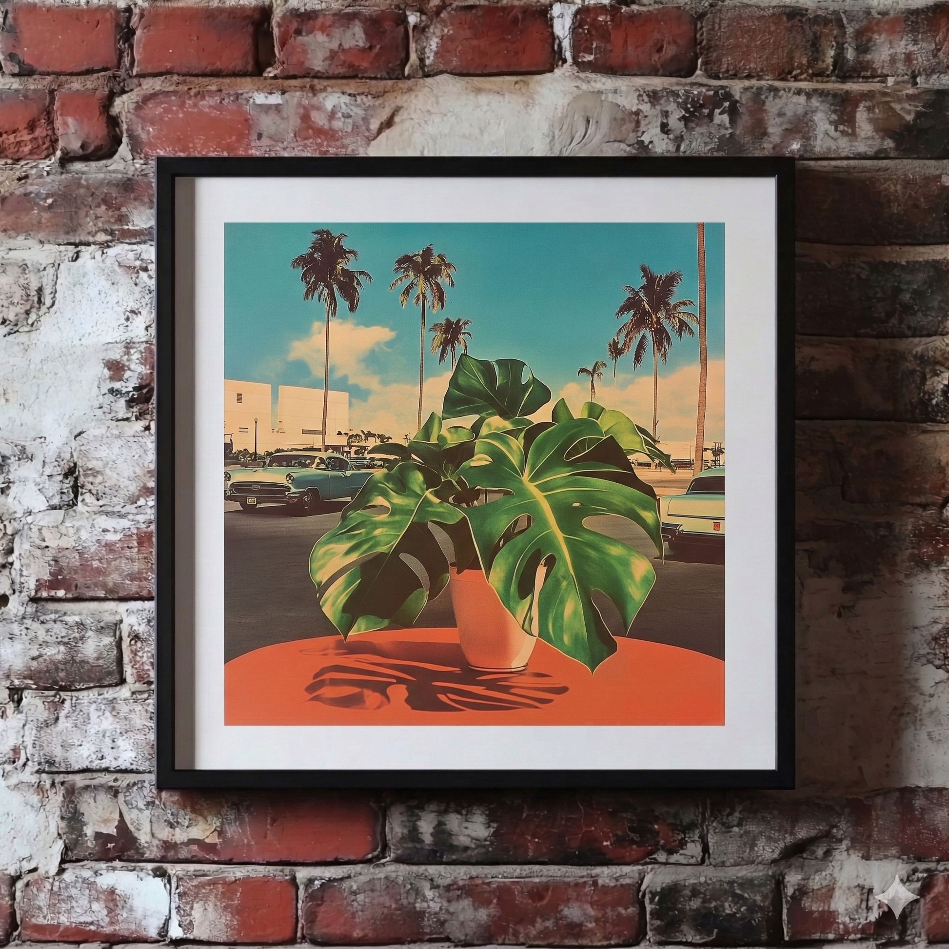 A Plantish print of a potted monstera on a table in front of a vintage American car park with old cars, palm trees and shops visible, hanging on a red brick wall. 