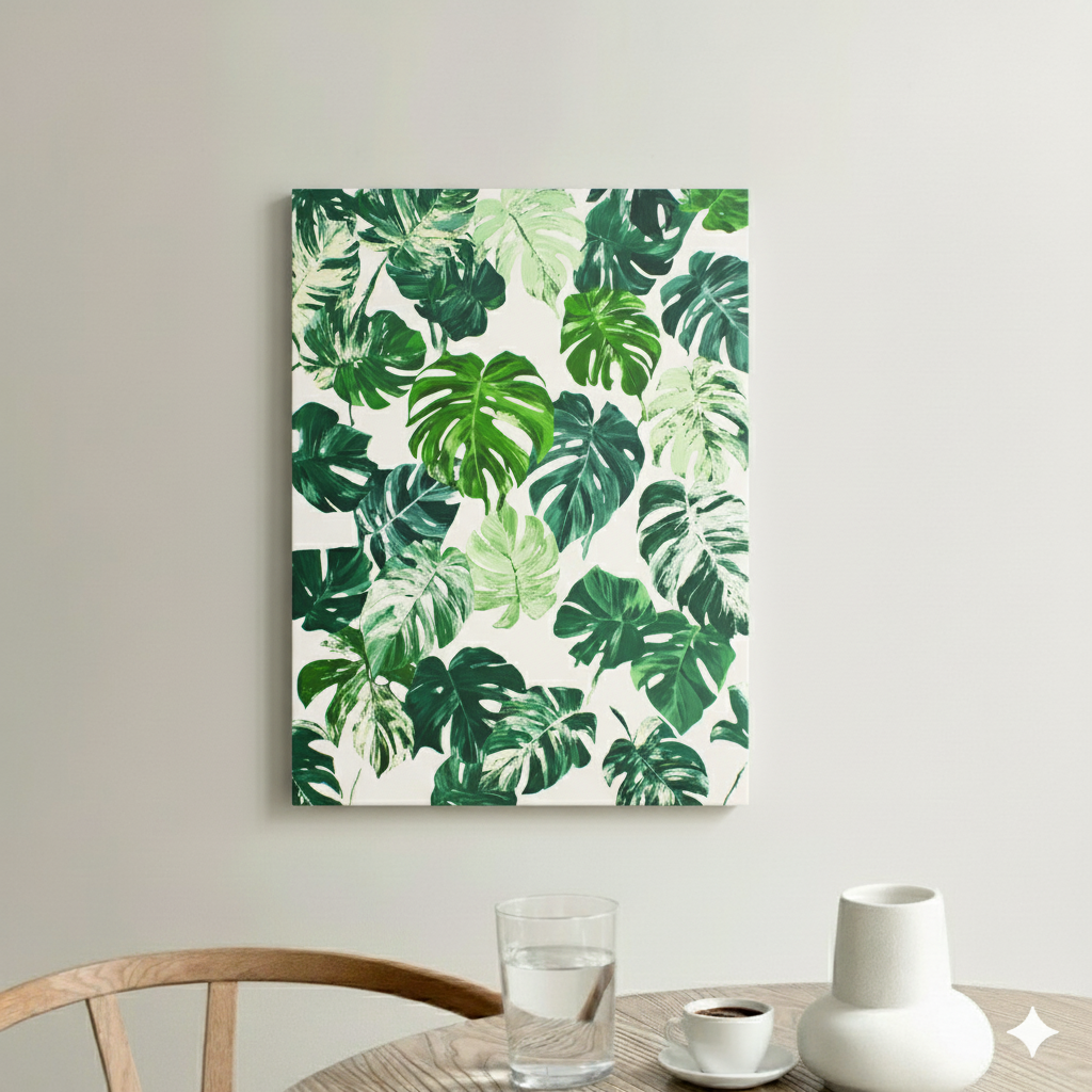A vibrant and bright plant pattern canvas of monstera leaves, in different shades of green and some variegated with white, in a bright and neutral kitchen