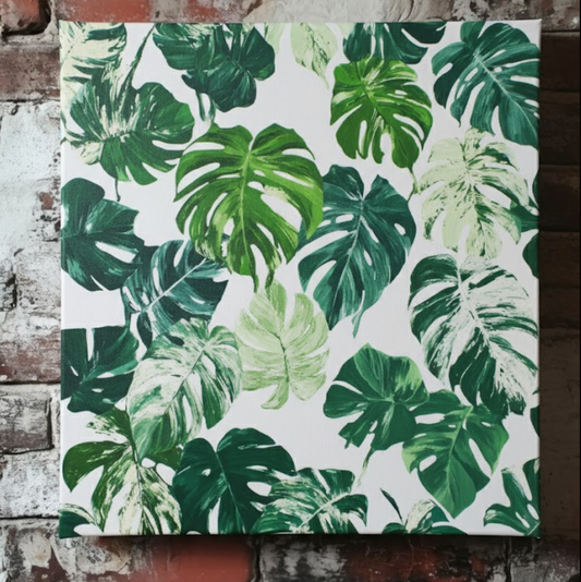 A vibrant and bright plant pattern canvas of monstera leaves, in different shades of green and some variegated with white, mounted on an exposed brick wall.