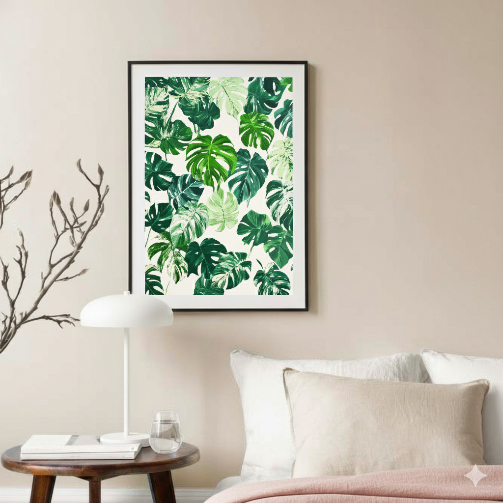A vibrant and bright plant pattern print of monstera leaves, in different shades of green and some variegated with white, in a light and airy bedroom