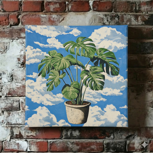 A Plantish pop art canvas of a green leaf monstera plant in a white pot floating against a background of blue sky with white clouds, shown on a red brick wall.
