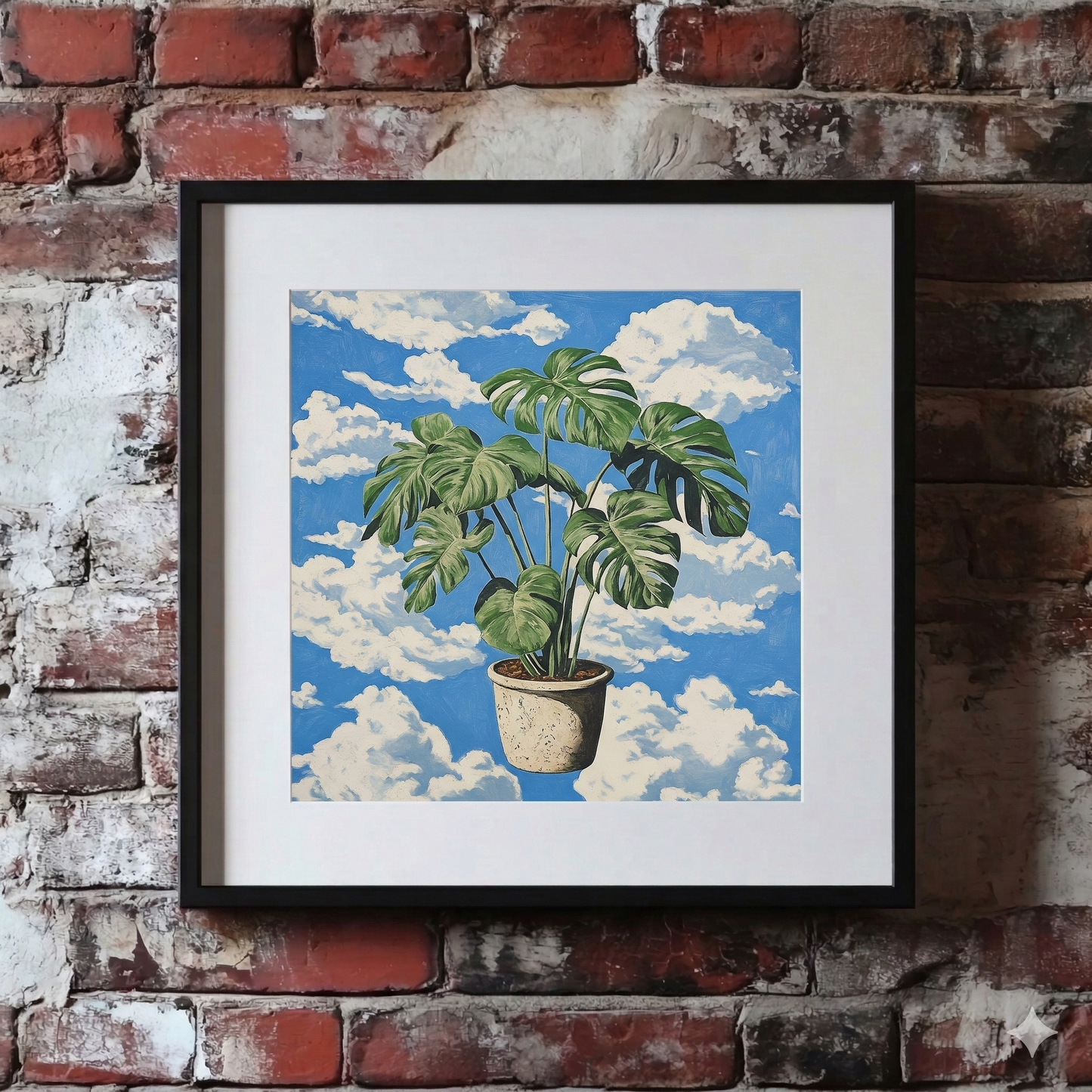 A Plantish pop art print of a green leaf monstera plant in a white pot floating against a background of blue sky with white clouds, shown on a red brick wall.