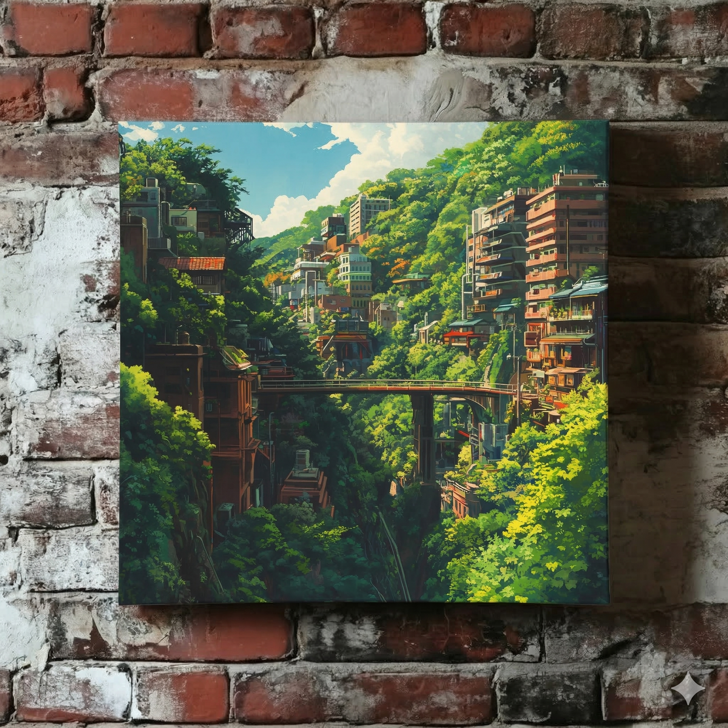 A Plantish canvas of a remote mountain region with apartment buildings and bridges contrasting with the dense greenery, hanging on a red brick wall.