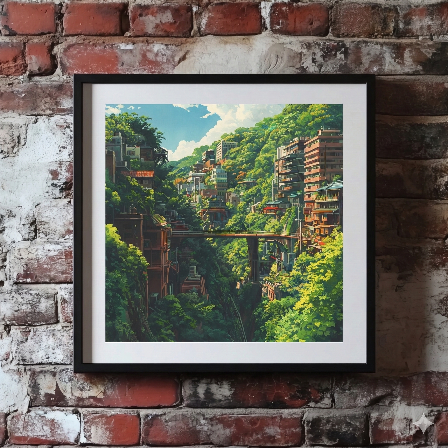 A Plantish print of a remote mountain region with apartment buildings and bridges contrasting with the dense greenery, hanging on a red brick wall.