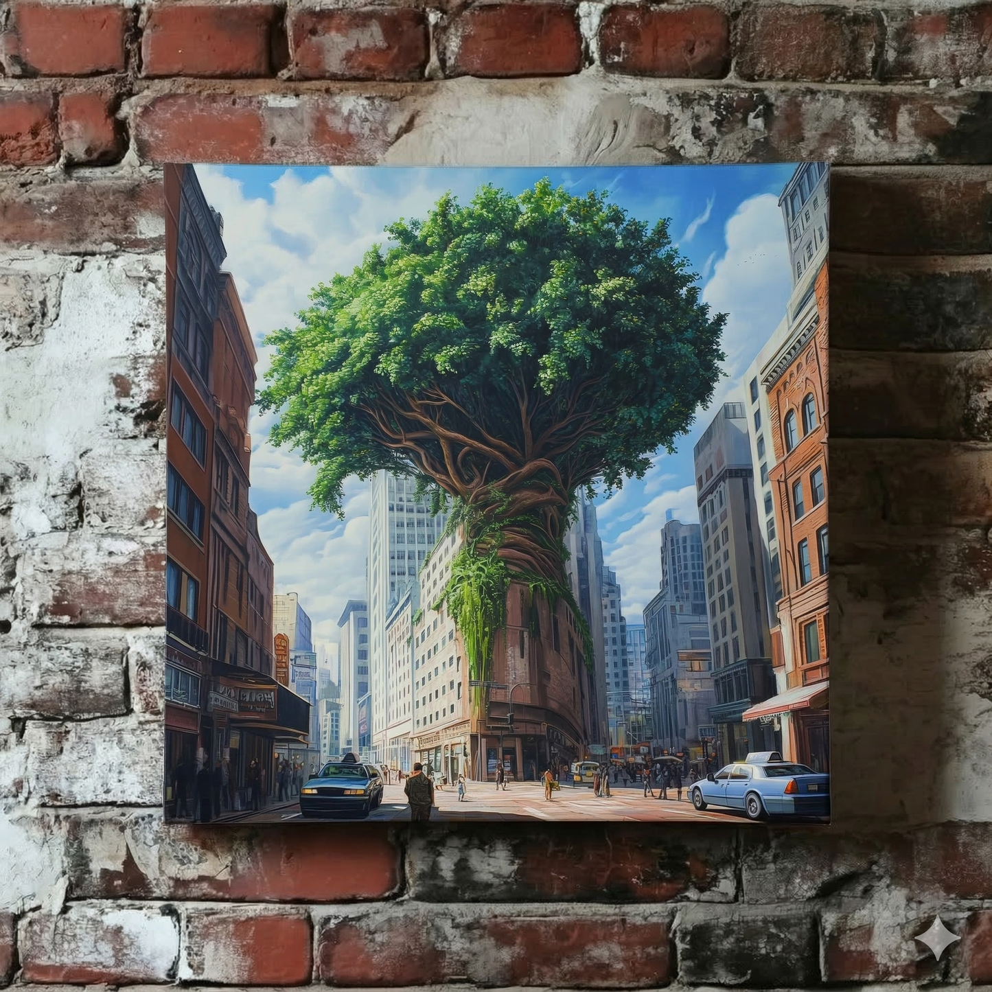 The Plantish canvas of a city scene that centres on a building that has been overgrown by a giant green tree, shown hanging on a red brick wall.