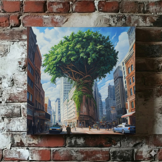 The Plantish canvas of a city scene that centres on a building that has been overgrown by a giant green tree, shown hanging on a red brick wall.