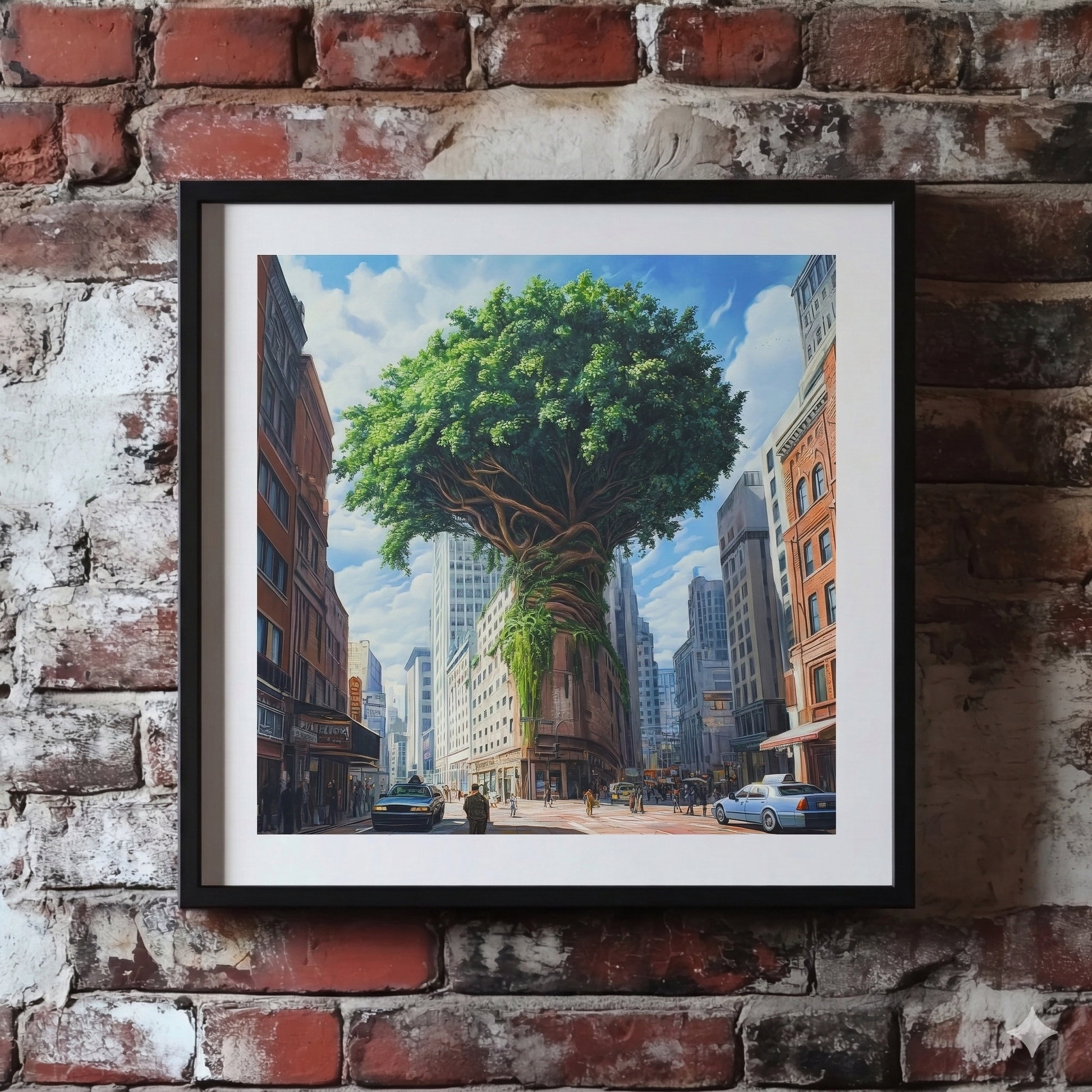 The Plantish print of a city scene that centres on a building that has been overgrown by a giant green tree, shown hanging on a red brick wall.