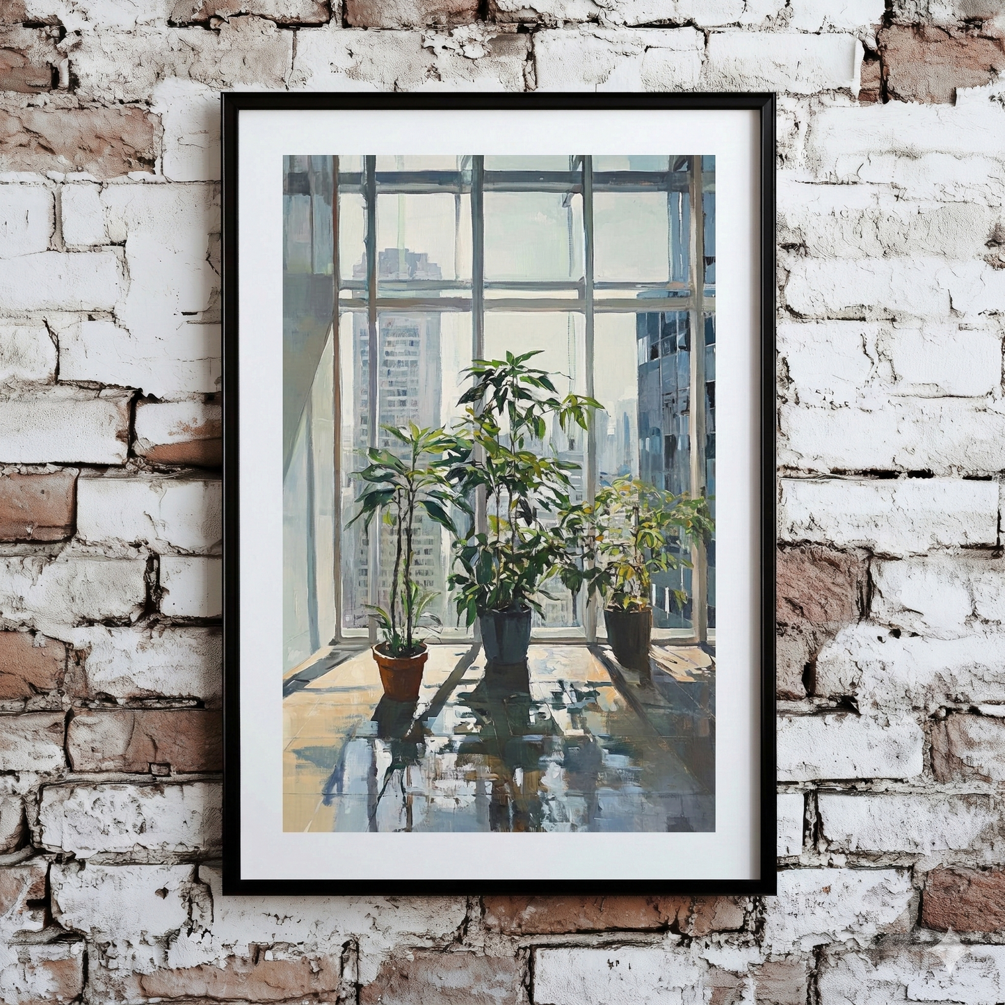 A Plantish print of an oil style scene in a highrise office building that has several lush green plants in front of a large window, shown on a distressed brick wall.