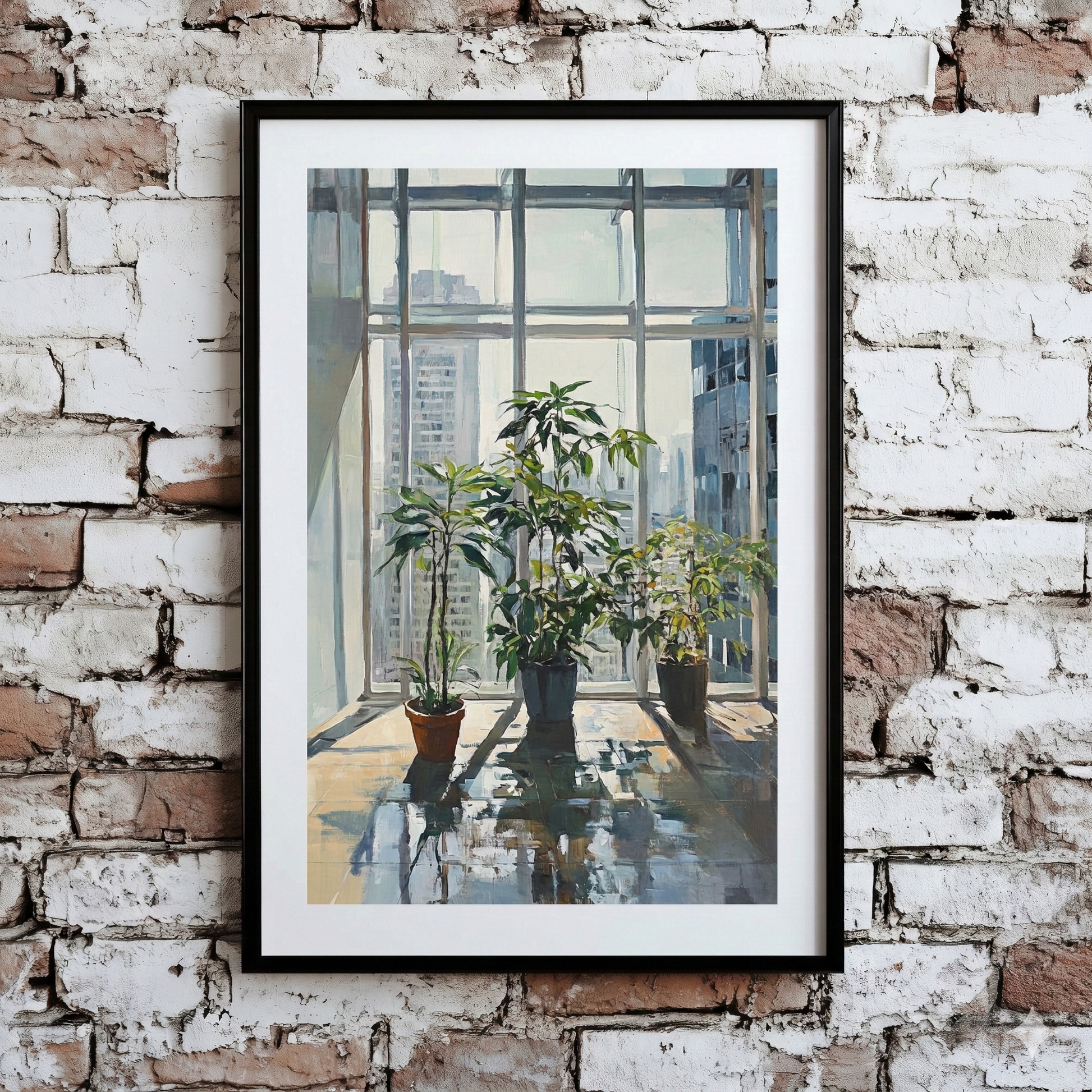A Plantish print of an oil style scene in a highrise office building that has several lush green plants in front of a large window, shown on a distressed brick wall.