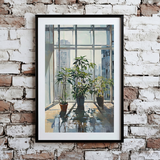A Plantish print of an oil style scene in a highrise office building that has several lush green plants in front of a large window, shown on a distressed brick wall.