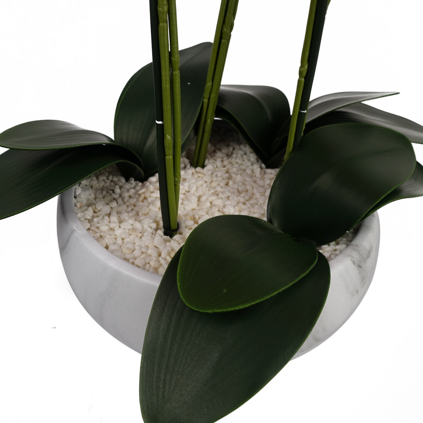 The base of the Plantish artificial orchid, showing the stone topping the marbled white pot, as well as the green stems and leaves, against a white background.