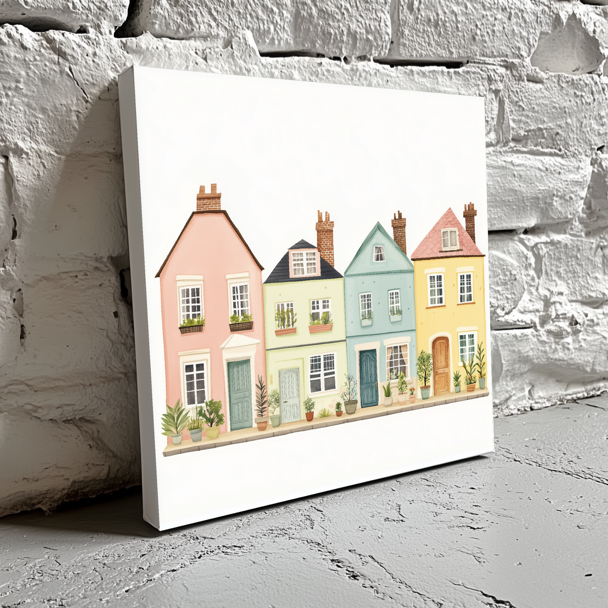 A cute and vibrant sketch canvas of a row of pastel coloured houses on a street full of plants, resting on a white brick wall. 