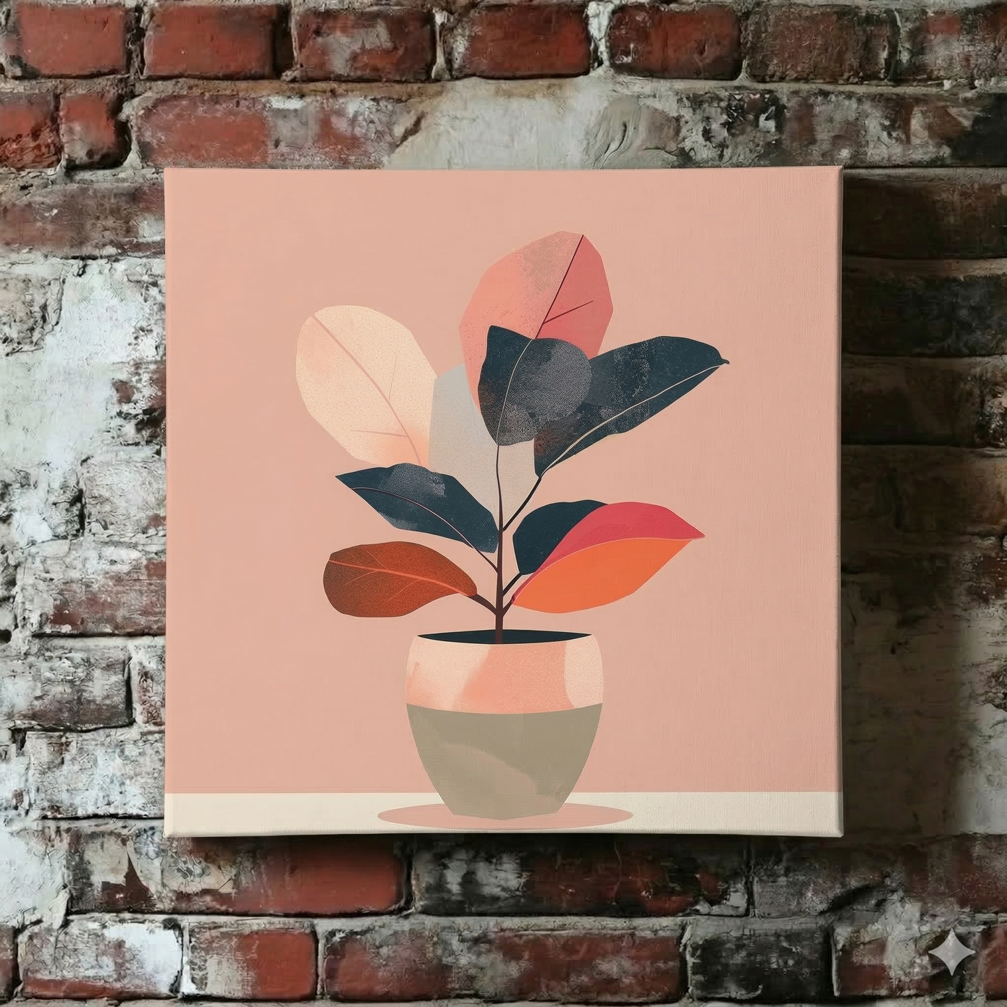 A warm and minimalist Plantish canvas of a potted plant, detailed in red, orange, black and pink hues and hanging on a red brick wall. 