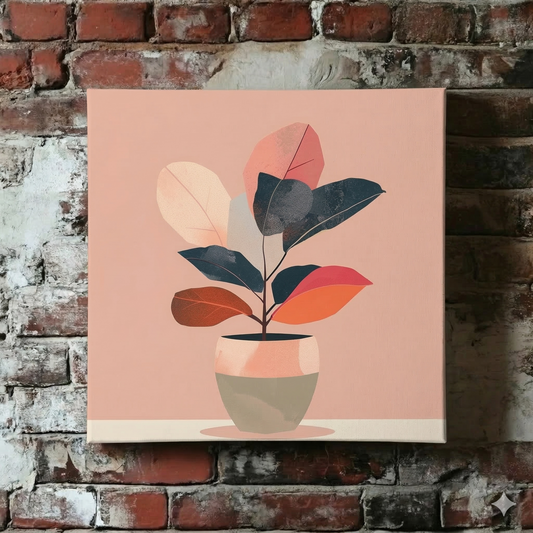 A warm and minimalist Plantish canvas of a potted plant, detailed in red, orange, black and pink hues and hanging on a red brick wall. 