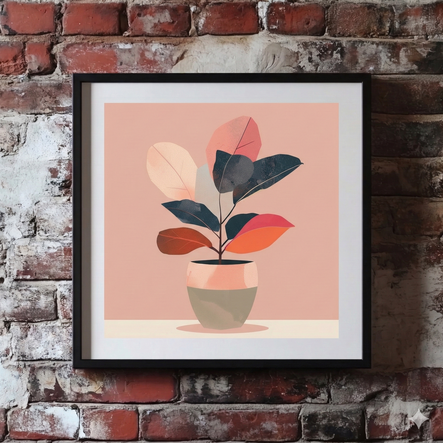 A warm and minimalist Plantish print of a potted plant, detailed in red, orange, black and pink hues and hanging on a red brick wall. 