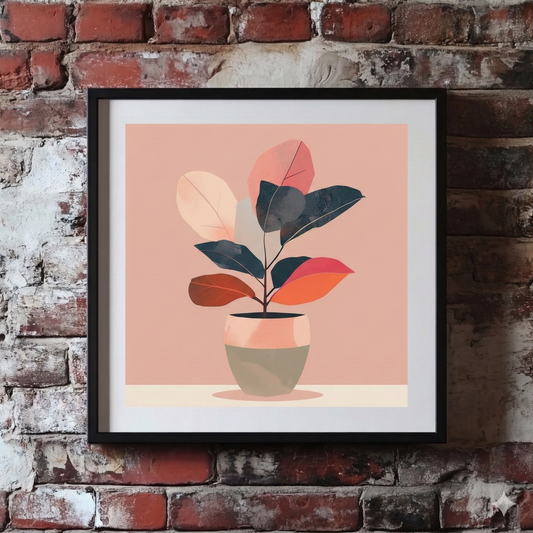 A warm and minimalist Plantish print of a potted plant, detailed in red, orange, black and pink hues and hanging on a red brick wall. 