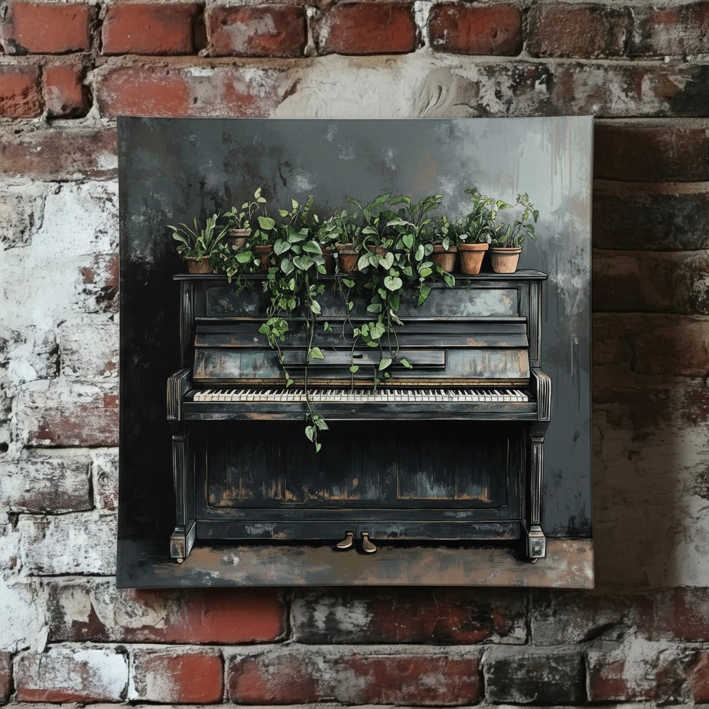 A moody paint sketch canvas of a dark distressed upright piano topped with green plants in terracotta pots, mounted on a red brick wall