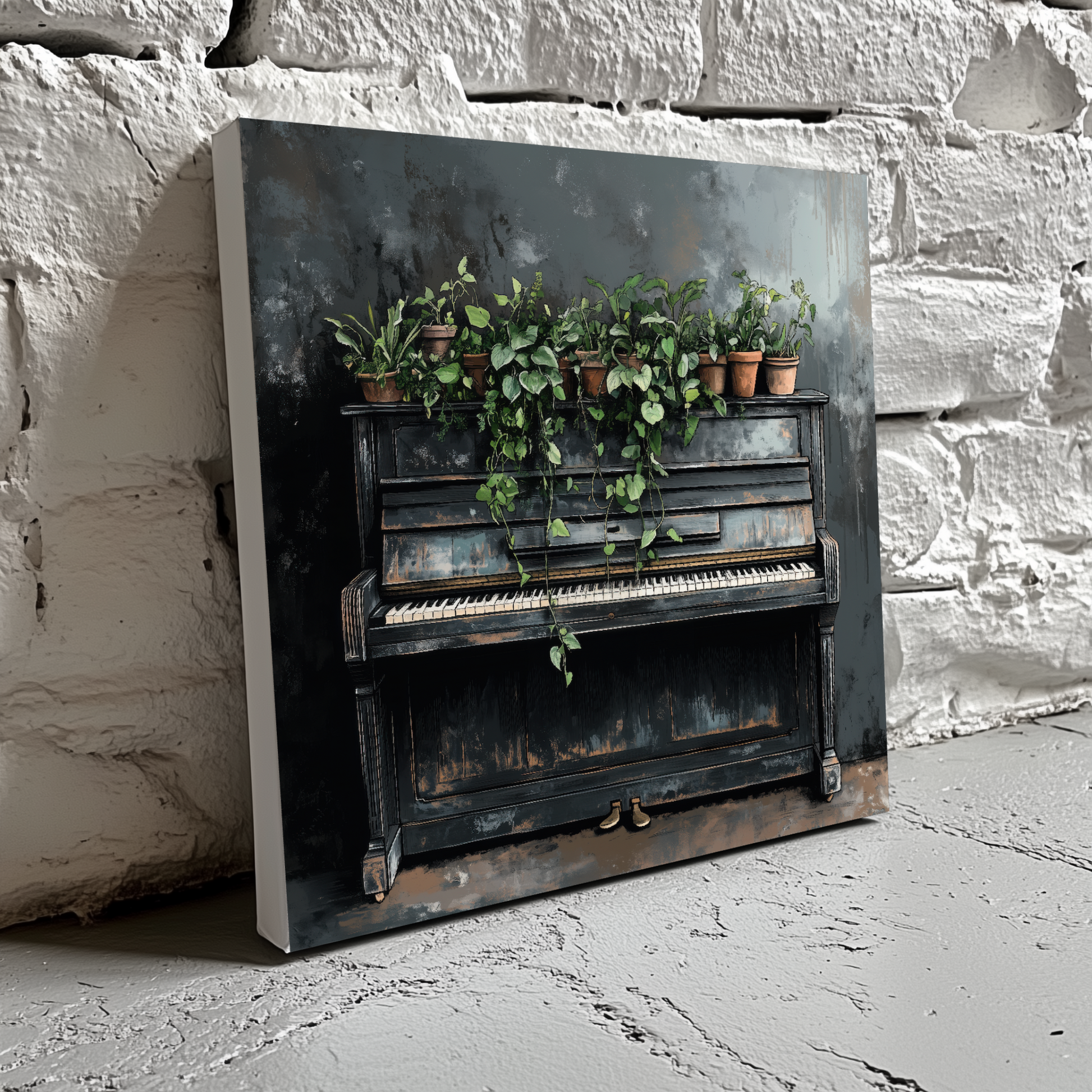 A moody paint sketch canvas of a dark distressed upright piano topped with green plants in terracotta pots, resting on a brick wall. 