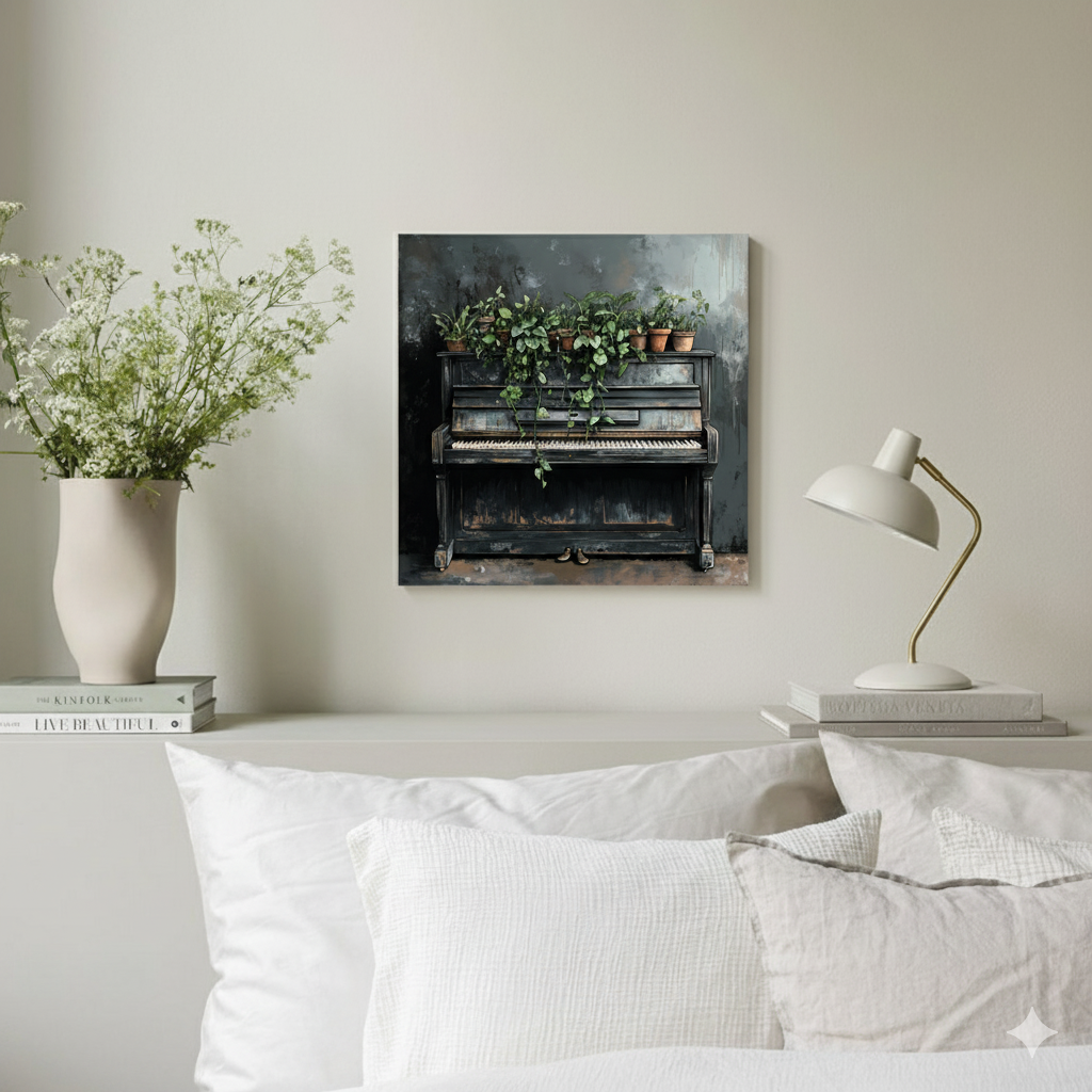 A moody paint sketch canvas of a dark distressed upright piano topped with green plants in terracotta pots, in a neutral bedroom