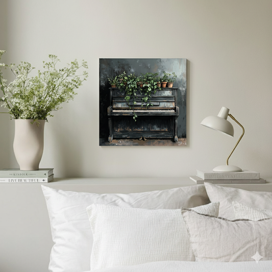 A moody paint sketch canvas of a dark distressed upright piano topped with green plants in terracotta pots, in a neutral bedroom