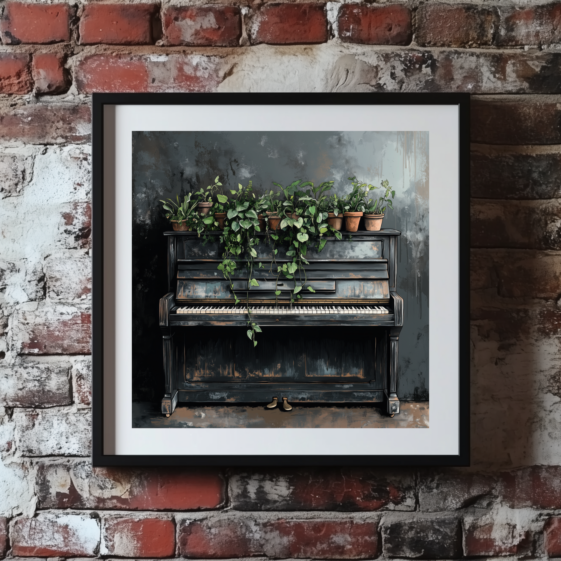 A moody paint sketch print of a dark distressed upright piano topped with green plants in terracotta pots, framed on a brick wall. 