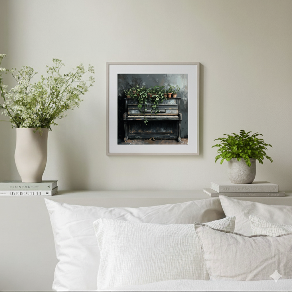 A moody paint sketch print of a dark distressed upright piano topped with green plants in terracotta pots, in a neutral bedroom