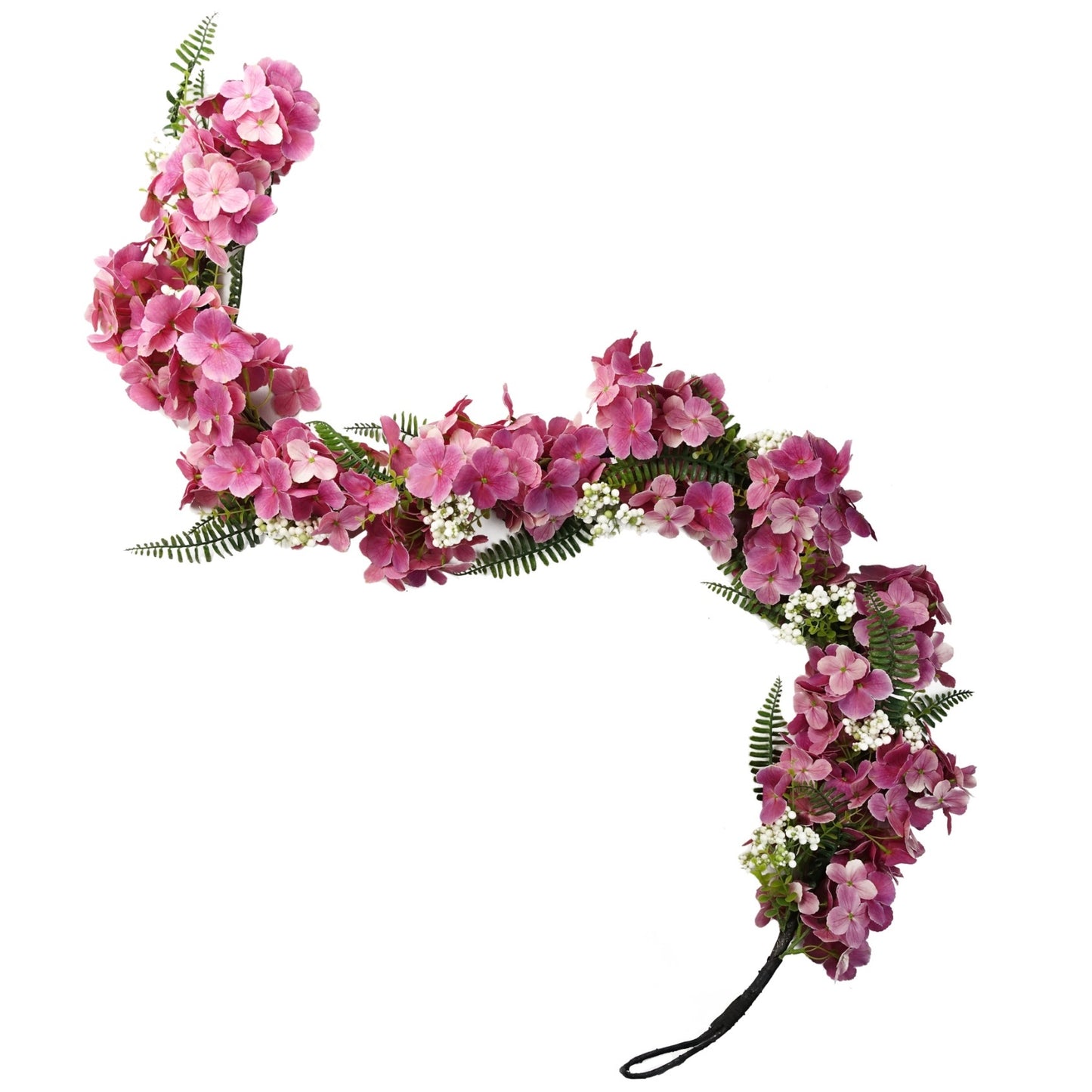 The Plantish Pink Cherry Blossom Garland shown against a white background, highlighting the vibrant pink flowers, green leaves, and white berries. 