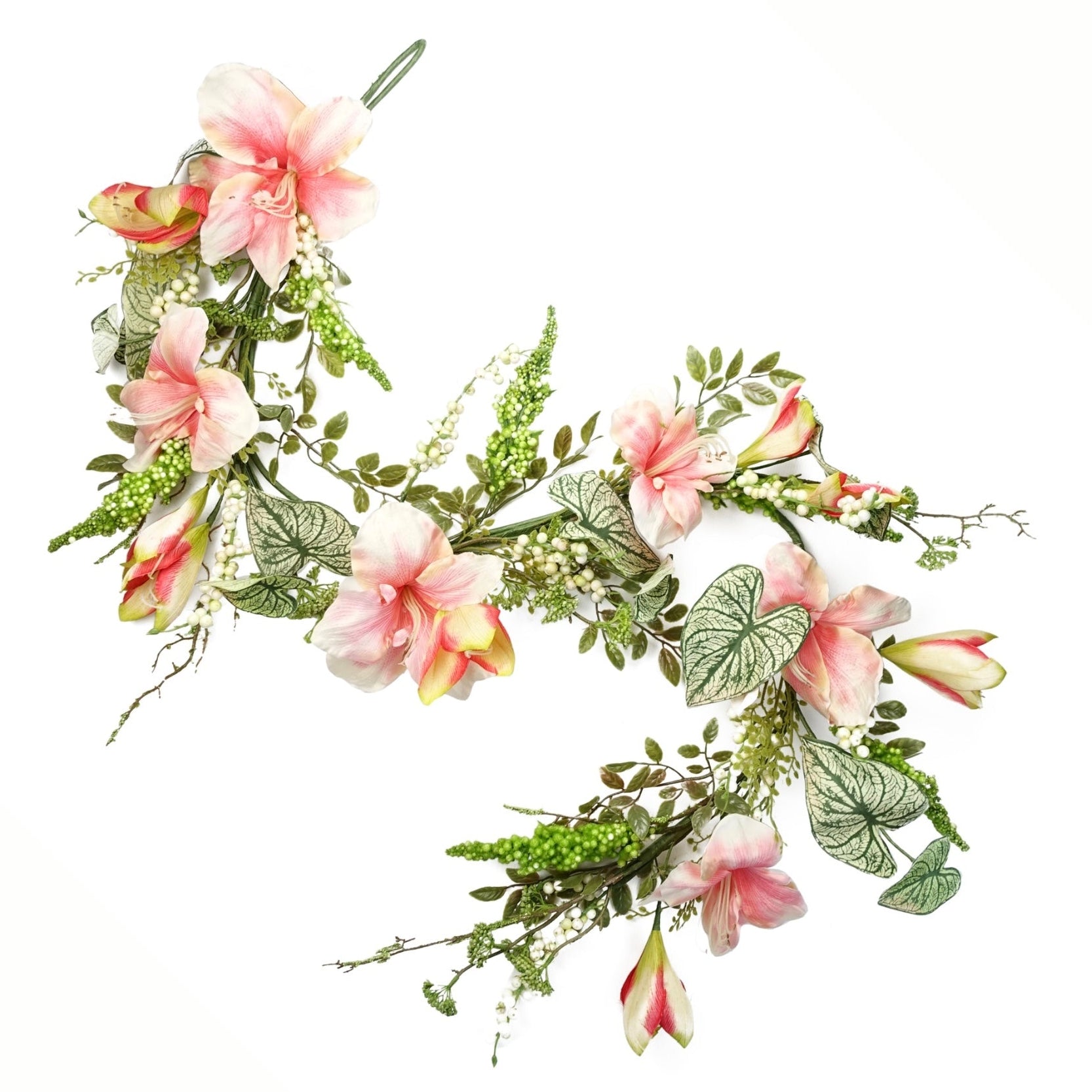 The Plantish Pink Lily Garland shown against a white background, highlighting the pink and white lily flowers, green leaves, and both green and white berries. 