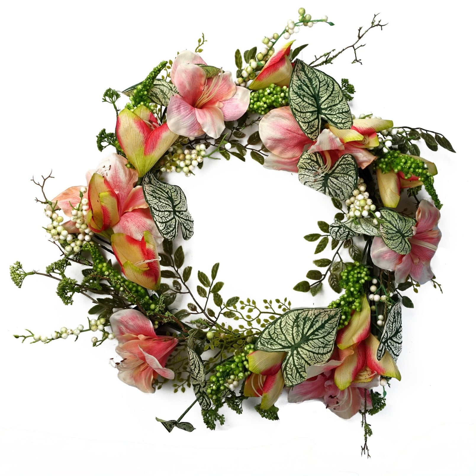 The Plantish 60cm Pink Lily Wreath shown front-on, highlighting the pink lily flowers, variegated alocasia leaves, white berries, and small green leaves. 