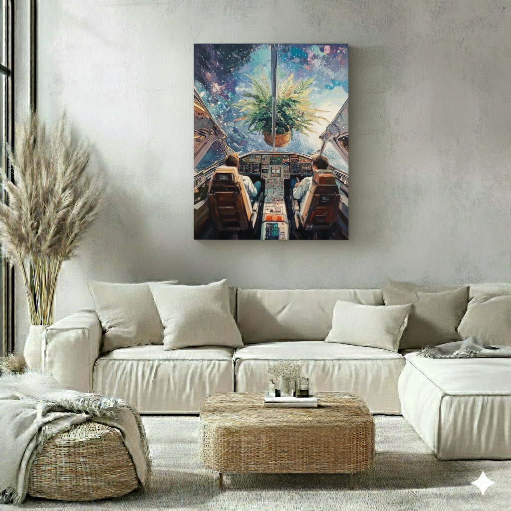 A surreal, colourful canvas of two astronauts flying a spaceship towards a giant potted fern through blue and purple space, in a bright neutral boho living room