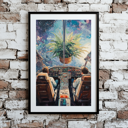 A surreal, colourful print of two astronauts flying a spaceship towards a giant potted fern through blue and purple space, framed on a brick wall.