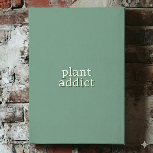 A Plantish canvas of the phrase "Plant Addict" in a white font with green background, shown hanging on a red brick wall.