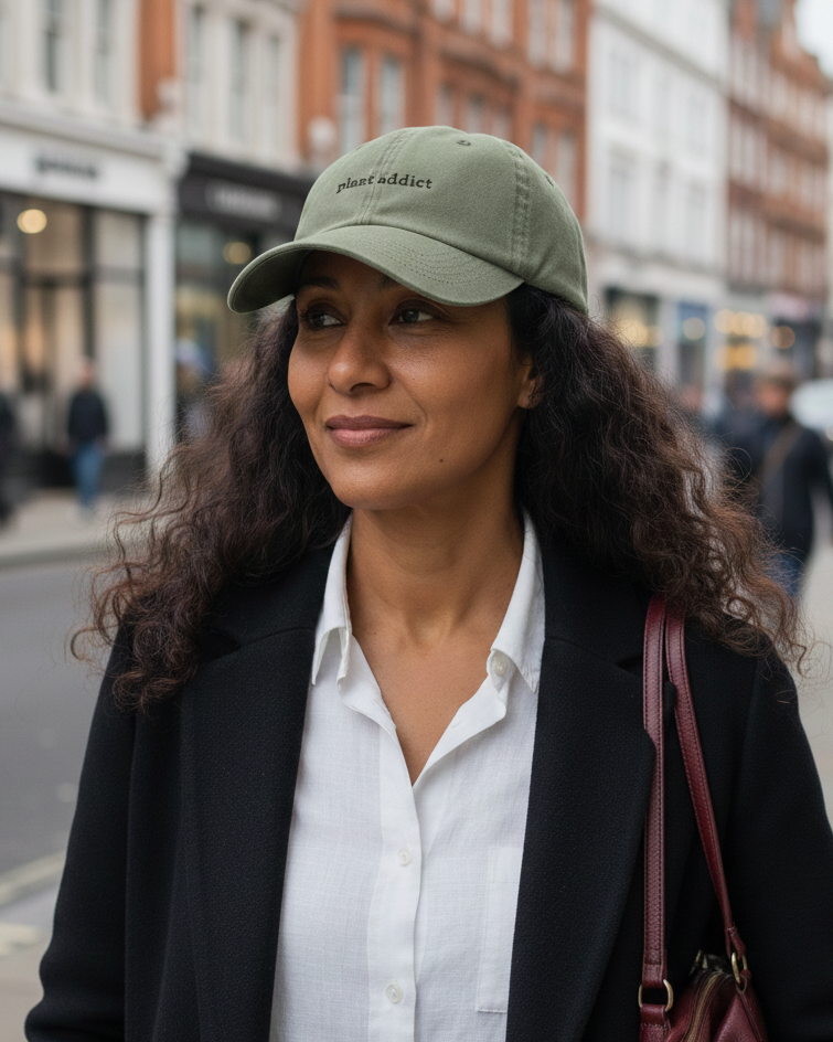 A woman with brown hair wearing a Plantish Plant Addict Hat in Vintage Olive with Black embroidery. She is wearing a shirt and jacket and on a city street