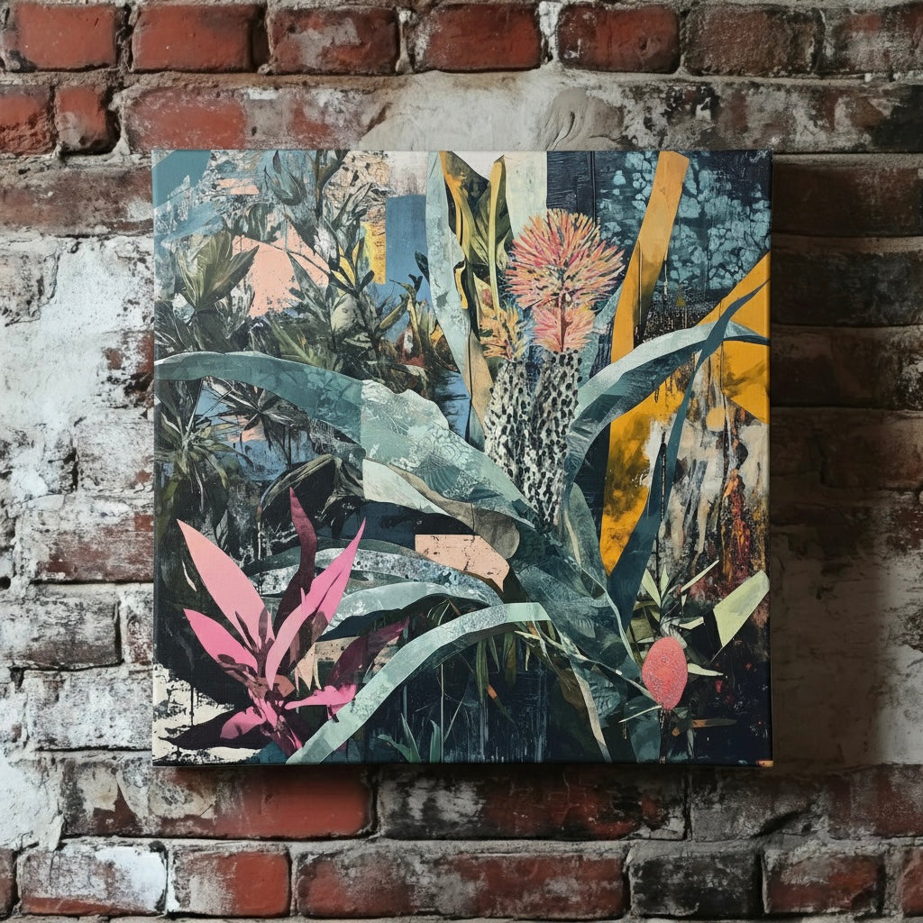 A vibrant abstracted collage canvas of many plants and flowers in green, blue, pink, and yellow hues, mounted on a red brick wall