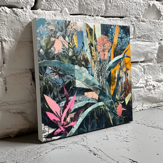 A vibrant abstracted collage canvas of many plants and flowers in green, blue, pink, and yellow hues, resting on a brick wall. 