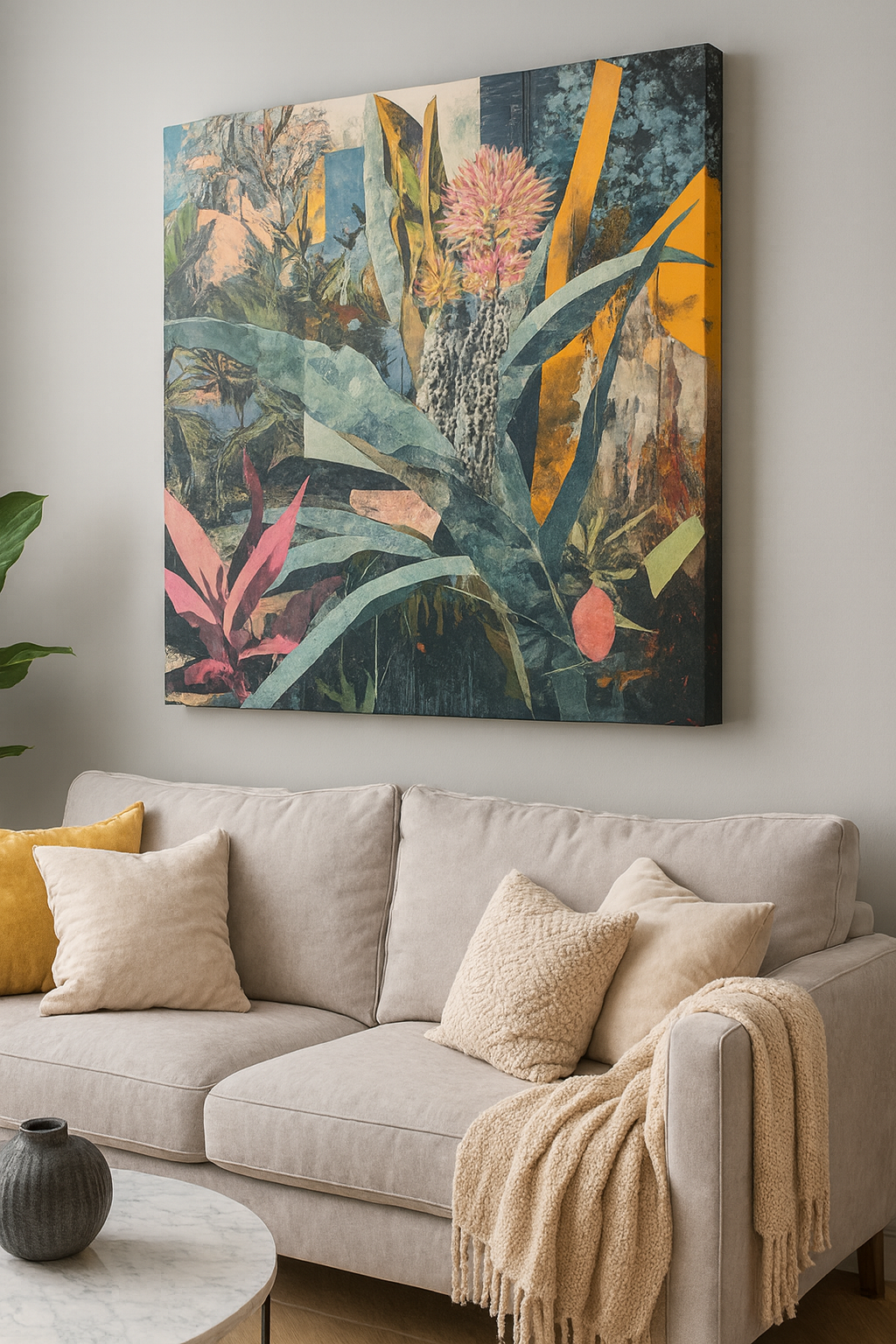 A vibrant abstracted collage canvas of many plants and flowers in green, blue, pink, and yellow hues, in a neutral modern living room