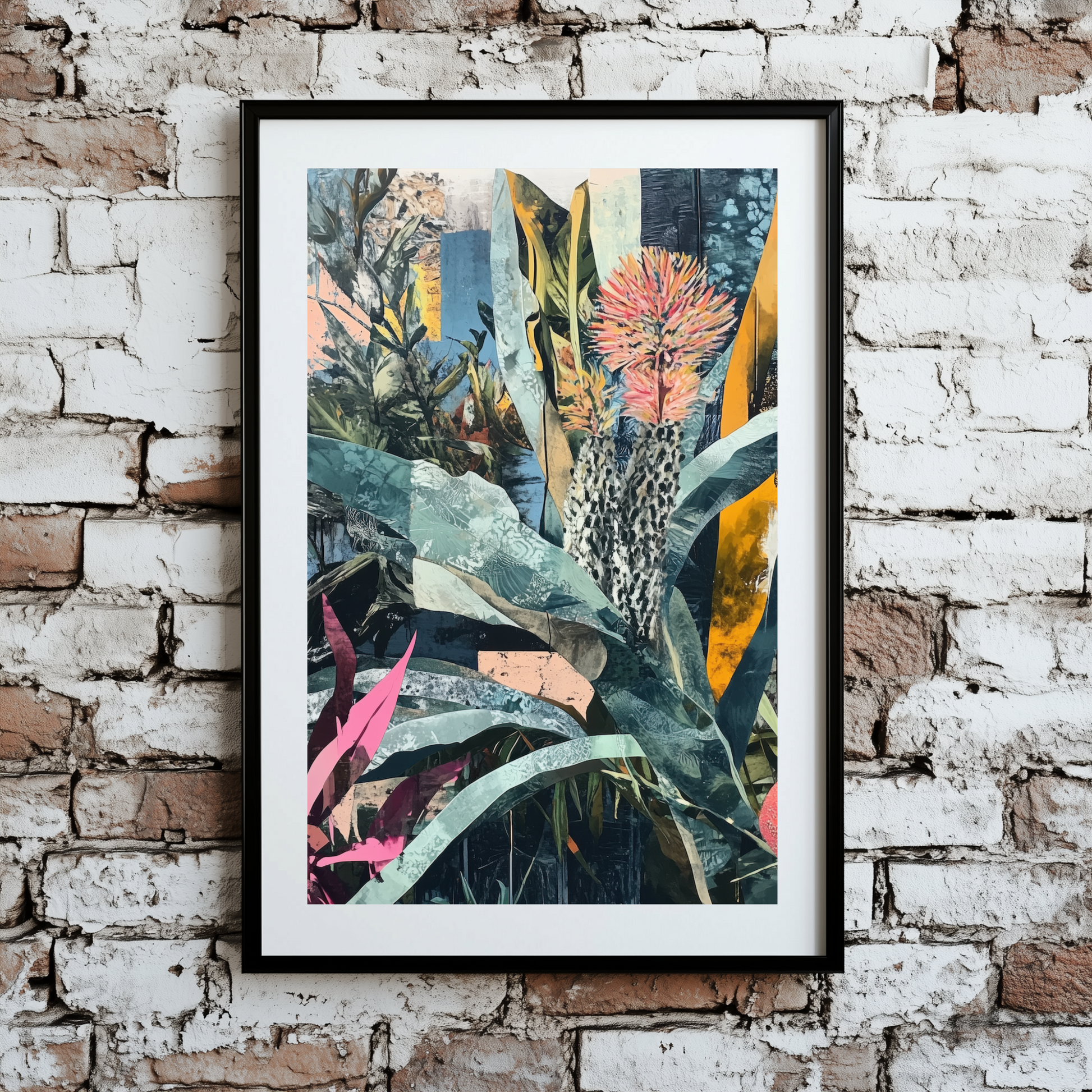 A vibrant abstracted collage print of many plants and flowers in green, blue, pink, and yellow hues, framed on a brick wall. 
