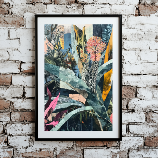 A vibrant abstracted collage print of many plants and flowers in green, blue, pink, and yellow hues, framed on a brick wall. 